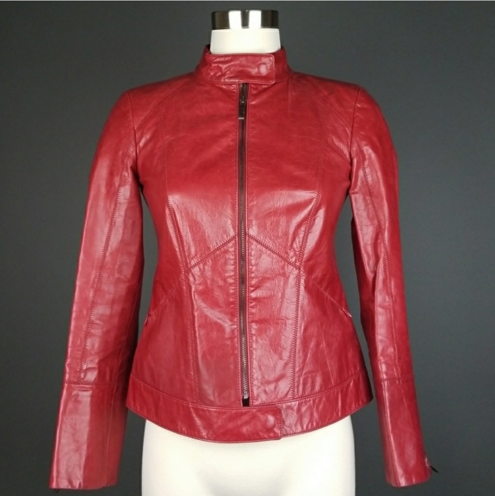 Ladies Red Leather Cafe Moto Racer Jacket Sz 0